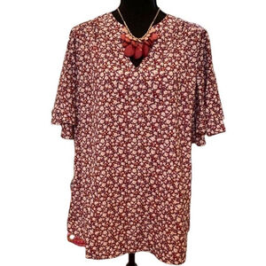 NWT Women's Bloomchic Floral Blouse Ruffled Sleeves Size 10 Burgundy/White
